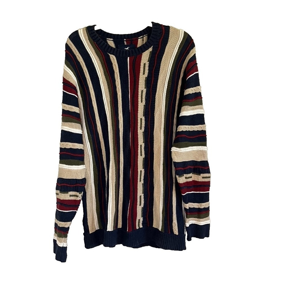 Y2K Hollister Chunky Cable Knit Sweater M 90s 3D Print Preppy Grandpa Retro 80s